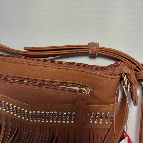 NWT VIETA Fringed Rhinestone Crossbody Purse Brown Faux Leather Back Pocket - Picture 4 of 15